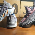 Yeezy 350 Yecheil and 700 Cabon Blue side by side