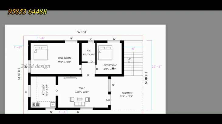 800 sf t 22 x 36 North Face 2bhk House  plan as per vasthu