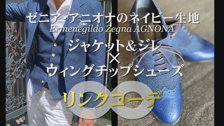ネイビーのジャケット×ウィングチップシューズのリンクコーデ（Ermenegildo Zegna AGNONA）