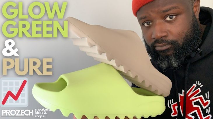 WATCH BEFORE YOU COP…YEEZY SLIDES DOUBLE REVIEW | GLOW GREEN & PURE | UNBOX | ON FEET