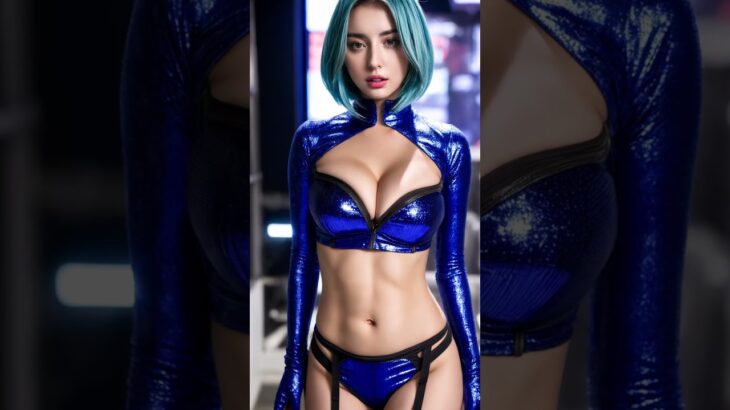 [4K] 青きラテックスラバースーツと蒼い髪の魅惑的なAI美女 Seductive AI beauty with blue latex rubber suit and blue hair