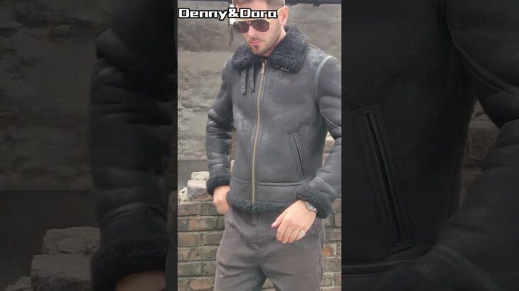 Denny&Dora メンズ ブラック ムートンジャケット ショートファージャケット 冬用シープスキンコート ハンティング レザージャケット