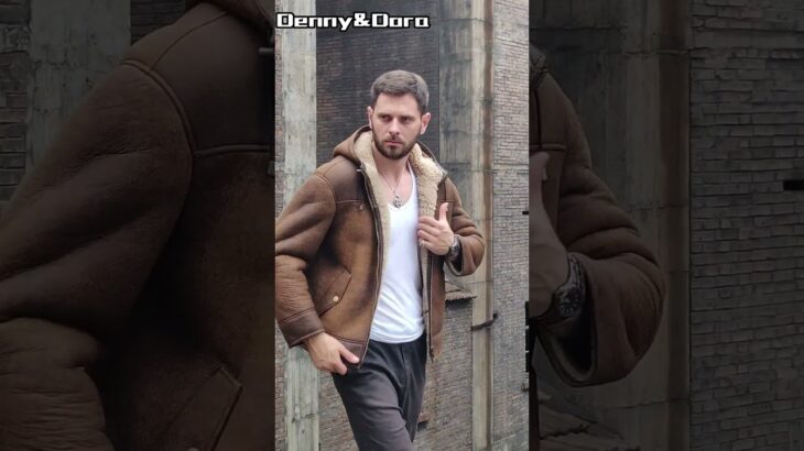 Denny&Dora メンズ ブラウン ムートンジャケット フード付きレザージャケット ショートファーコート 厚手 メンズ 冬用コート