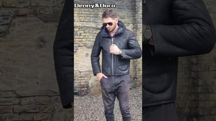 Denny&Dora メンズ シープスキン ムートンジャケット ブラックレザージャケット ショートファーコート フード付き ウィンターコート