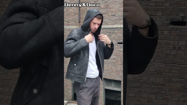 Denny&Dora メンズ B3 ムートンジャケット ブラックレザージャケット フード付きファーコート ショート メンズ ウィンターコート