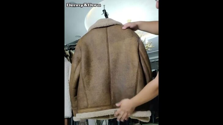 Denny&Dora Men’s B3 Shearling Jacket Brown Leather Jacket Short Fur Coat Fashion Motorcycle Jacket