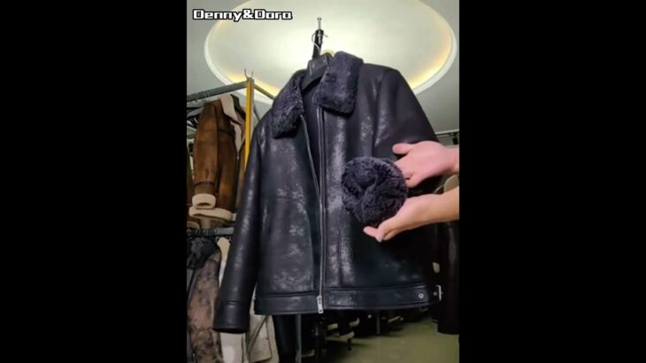 Denny&Dora Men’s B3 Shearling Jacket Short Fur Jacket Thicken Sheepskin Coat Black Leather Jacket