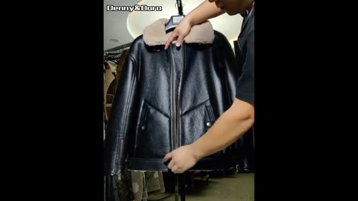 Denny&Dora Men’s B3 Shearling Jacket Slim Motorcycle Jacket Short Fur Coat Black Leather Jacket