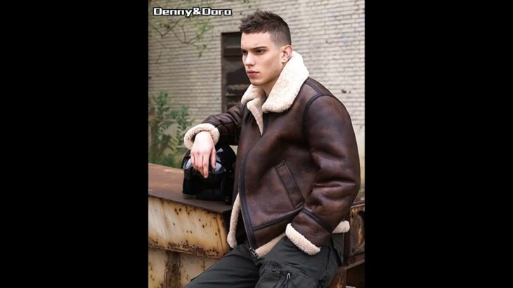 Denny&Dora Men’s Brown Shearling Jacket Classic Warm Winter Genuine B3 Sheepskin Coat