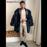 Denny&Dora Men’s Green Fox Fur Coat Long Style Jacket Notched Collar Luxury Fur Winter Warm Coats