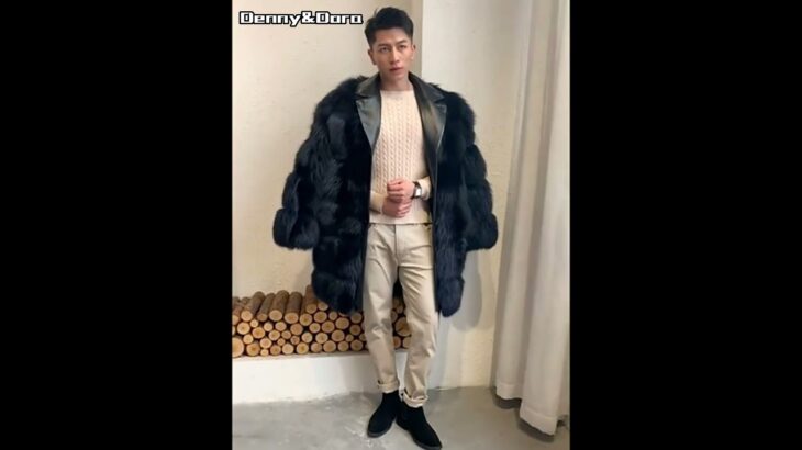 Denny&Dora Men’s Green Fox Fur Coat Long Style Jacket Notched Collar Luxury Fur Winter Warm Coats