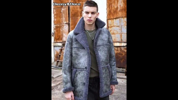 Denny&Dora Men’s Grey Shearling Jacket Flight Jacket Mid-Length Sheepskin Coat