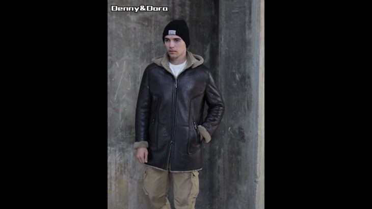 Denny&Dora Men’s Shearling Jacket Hooded Long Fur Coat Natural Sheepskin Coat Wool Coat