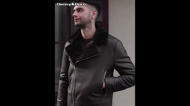 Denny&Dora Men’s Shearling Jacket Lapel Collar Short Slant Zipper Dark Brown Leather Jacket