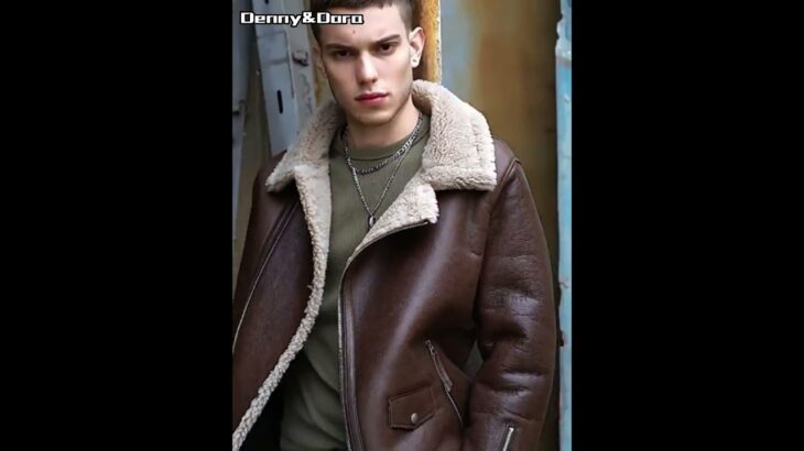 Denny&Dora Men’s Shearling Jacket Mens Pilot Jacket Brown Leather Jacket Moto Sheepskin Coat