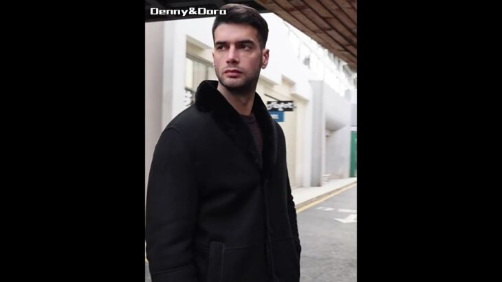 Denny&Dora Men’s Shearling Jacket Suit Collar Mid-Length Sheepskin Coat Black Winter Warm Coat