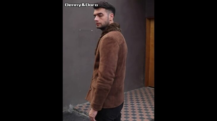 Denny&Dora Men’s Shearling Jacket Suit Collar Mid-Length Sheepskin Coat Suede Brown Jacket