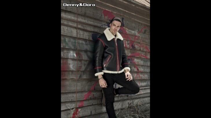 Denny&Dora Shearling Coat Men’s B3 Bomber Jacket Sheepskin Motorcycle Jacket Black Leather Jacket