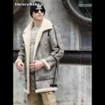 Denny&Dora Shearling Coat Men’s B7 Bomber Jacket Motorcycle Jacket Long Fur Coat Grey Leather Jacket