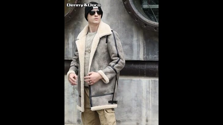 Denny&Dora Shearling Coat Men’s B7 Bomber Jacket Motorcycle Jacket Long Fur Coat Grey Leather Jacket