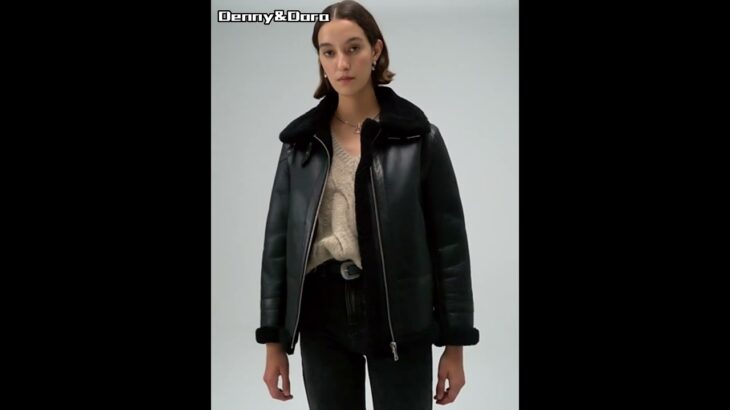 Denny&Dora Women’s Black Shearling Jacket Short Leather Jacket Lapel Collar