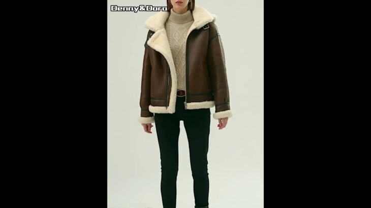 Denny&Dora Women’s Brown Shearling Jacket Thicken Wool Coat Short Leather Jacket Hooded Fur Jacket
