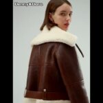 Denny&Dora Women’s Shearling Jacket Brown Leather Jacket Short Fur Coat Women’s Winter Coats