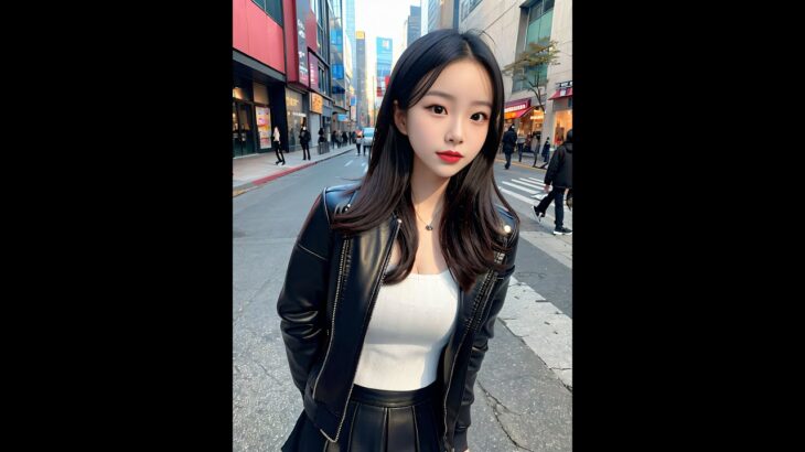 [AI Lookbook 4K] Korean Cute Girl / Black Leather Jacket & Skirt / 韓国のかわいい女の子 / 黒のレザージャケットとスカート