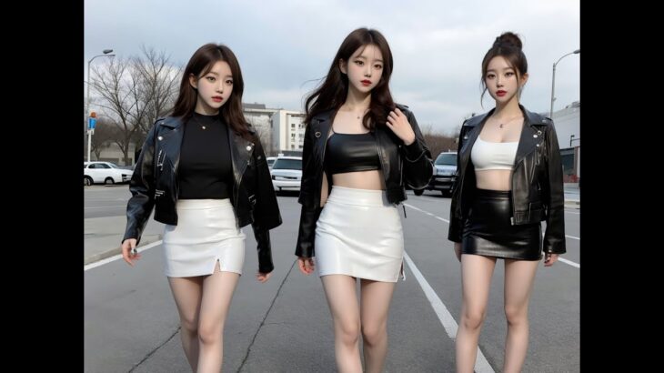 [AI Lookbook 4K] Korean Idol Girl Group / Black Jacket & Skirt / 韓国のガールズグループ / 黒のレザージャケットとスカート