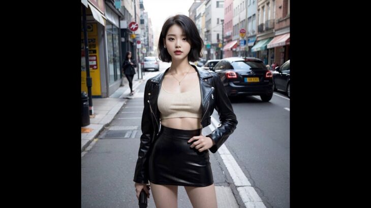 [AI Lookbook 4K] Korean Sexy Lady / Black Leather Jacket & Skirt / 韓国のセクシーな女性 / 黒のレザージャケットとスカート