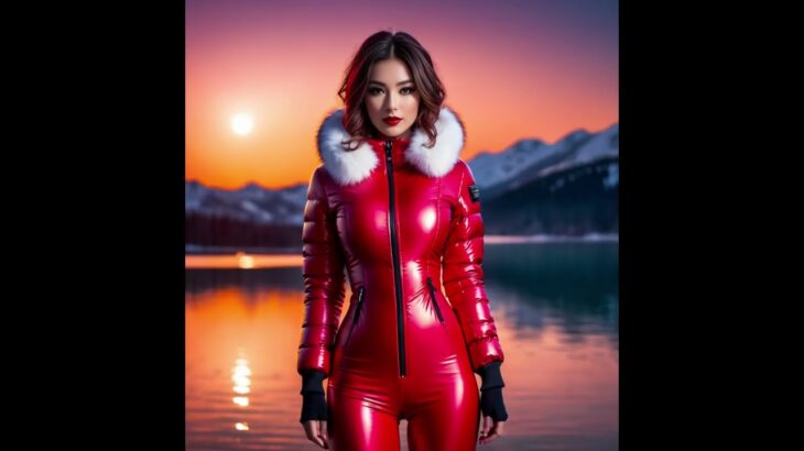 Red Latex Catsuit Jacket With Fur Collar – #jacket #pufferjacket #vinyl #latex