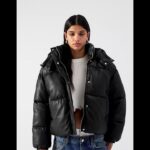 BERSHKA • Shiny Leather Effect Puffer Jacket Hooded Black Women