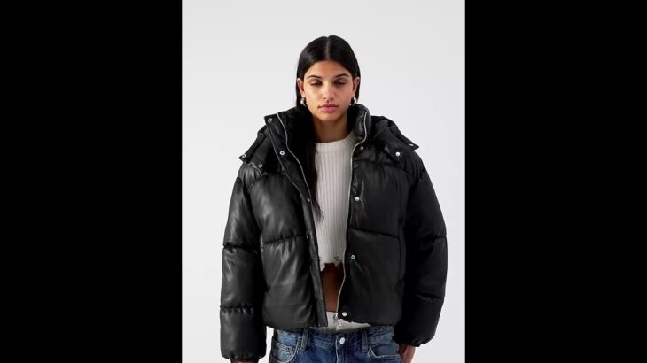 BERSHKA • Shiny Leather Effect Puffer Jacket Hooded Black Women