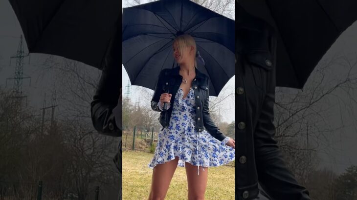 Diva in Rainy Day | Short Dress Leather Jacket  High Heels | Umbrella Time | Fashion