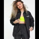 TOPSHOP Set Nylon Coach Jacket Front Graphic Shiny Black Women | Asos