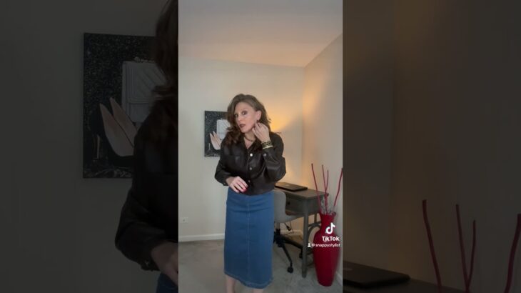 Styling denim strapless dress with espresso faux leather crop jacket leopard accents