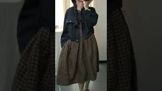 Checkered midi dress with cropped denim jacket