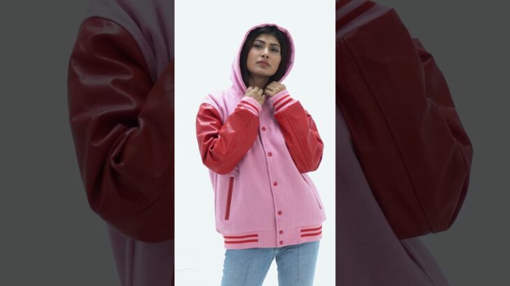 Women’s Red And Pink Letterman Jacket Leather Sleeves Wool Body Varsity Jacket