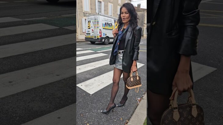 Black​ ​tights mini skirt and leather jacket suit