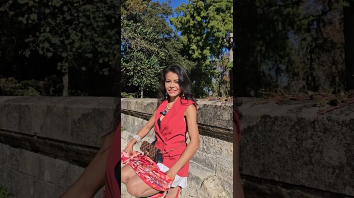 Color combination outfit outdoor in the park ❤️🤍scarf, vest jacket, highheels shoes