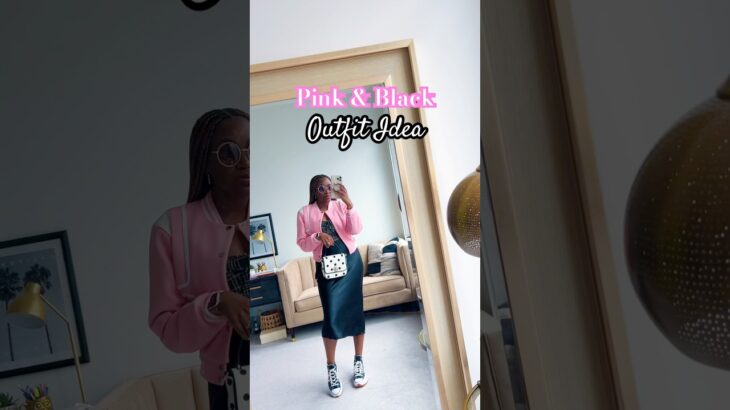 Pink & Black Outfit Idea #pink #blackpink #jacket #amazon #satin #skirt #sneakers #polkadot #casual