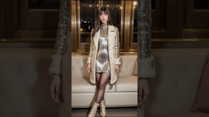 High-Neck Sequin Dress with Shearling Jacket