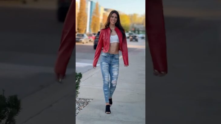 Denim with red jacket style Beautiful model #fashion #model #style