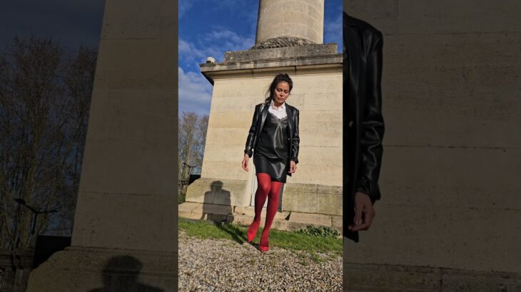 Red opaque tights leather jacket slingback shoes