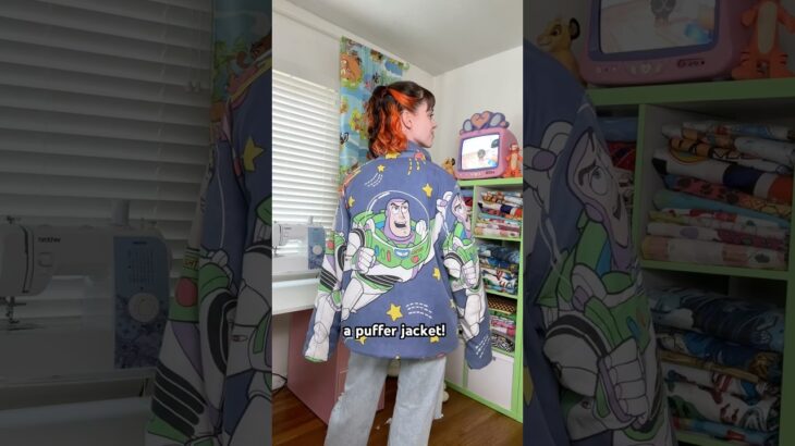 Toy Story puffer jacket! 💚 #toystory #thriftflip #upcyclingfashion #sewing #disney #upcycledfashion