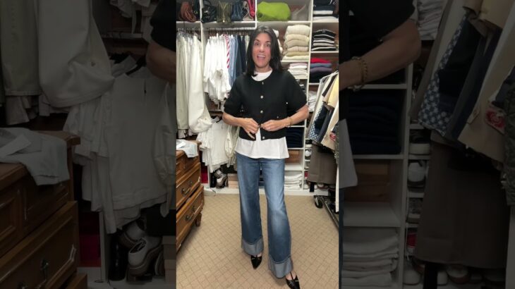 Outfit of cuffed jeans, t shirt lady jacket and pointy t strap pumps