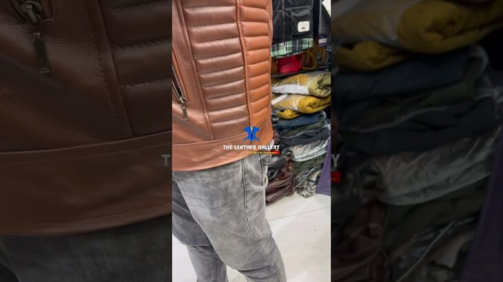 Tan colour leather jacket with black elbow patch and black strap on chest #leathermarkethyderabad