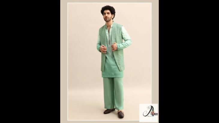 Light Green Hand Embroidered Silk Kurta Jacket Set