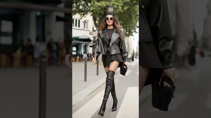Total Black: Leather Jacket, Mini Dress & Thigh-High Boots #fashion #moda #dress #model #look #ootd