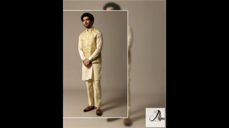 Yellow Resham Work Kurta Jacket Set For Men
